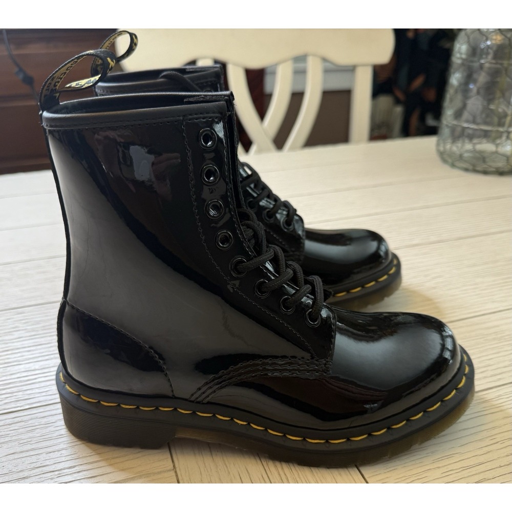 Dr Doc Martens 1460 NEW Black Patent Leather Lace Up Combat Moto Ankle Boots 6